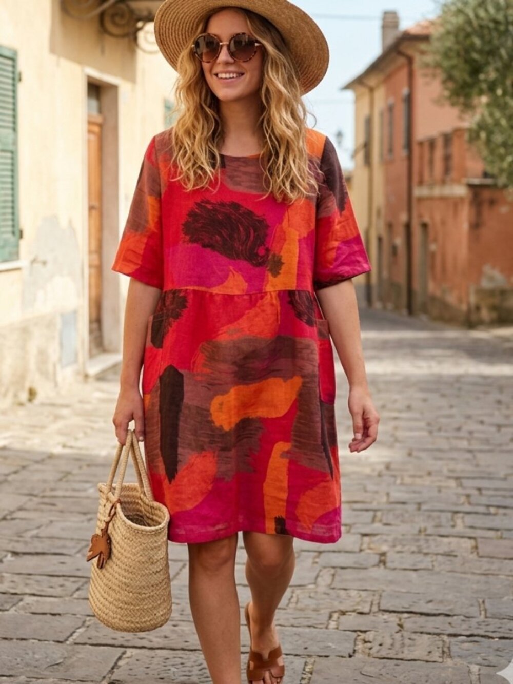 Bella Amore Italy Abstract Print Linen Shift Dress with Pockets - One Size